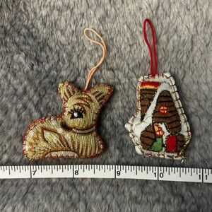 2 Satin Embroidered Ornaments with Rustic Charm